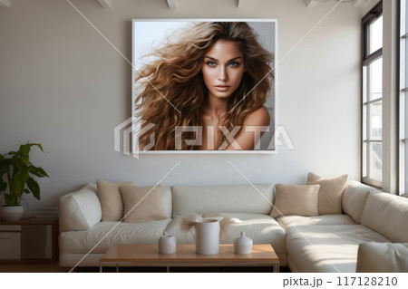interior of a living room with furniture and a poster on the wall of a portrait of a beautiful girl with a stylish hairstyle 117128210