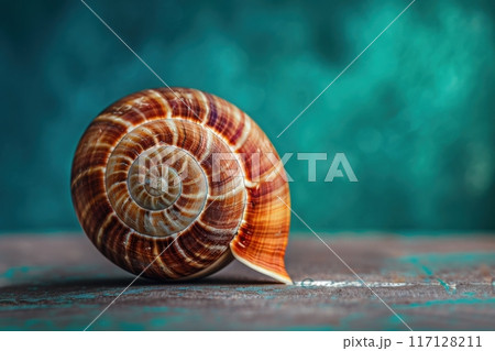 A beautifully detailed sea shell rests gracefully on a solid teal background, showcasing its intricate spiral design and natural textures. 117128211