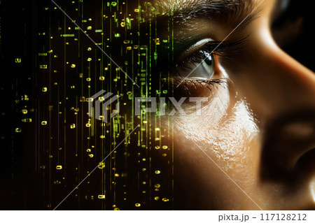a woman face closeup with green holography lights particles on eye, dark background, digital future concept 117128212