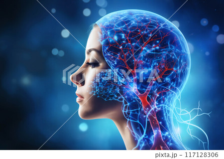 a schematic of human body with neural connections of head and brain and organ structures in form of hologram on abstract background with light, digital art, concept of biotechnology of future 117128306