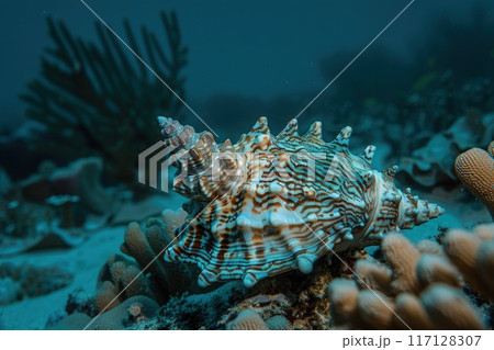 A striking conch shell rests amid colorful coral formations, showcasing the beauty of marine life beneath clear blue waters. 117128307