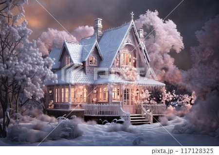 village street in winter season decorated for Christmas or New Year holiday, beautiful view of exteriors of houses , snow, sunset, street lights, festive environment 117128325