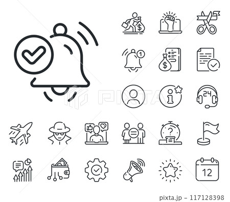 Selected reminder sign. Salaryman, gender equality and alert bell outline icons. Notification received line icon. Alarm bell symbol. Notification received line sign. Vector 117128398