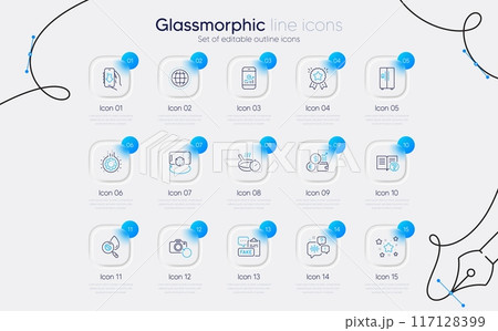 Set of Frying pan, Ranking star and Refrigerator line icons for web app. Download app, Help, Currency rate icons. Water analysis, Gear, Voicemail signs. Globe, Stars, Smartphone statistics. Vector Set of Frying pan, Ranking star and Refrigerator line icons for web app. Download app, Help, Currency rate icons. Water analysis, Gear, Voicemail signs. Globe, Stars, Smartphone statistics. Vector 117128399