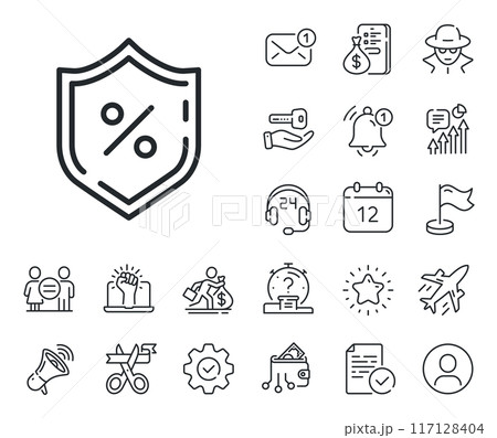 Protection shield sign. Salaryman, gender equality and alert bell outline icons. Loan percent line icon. Credit percentage symbol. Loan percent line sign. Spy or profile placeholder icon. Vector 117128404