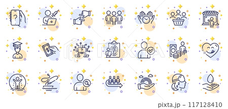 Outline set of Identity confirmed, Group and Lgbt line icons for web app. Include Water care, Safe time, Yummy smile pictogram icons. Fingerprint, Boat fishing, Pay money signs. Vector Outline set of Identity confirmed, Group and Lgbt line icons for web app. Include Water care, Safe time, Yummy smile pictogram icons. Fingerprint, Boat fishing, Pay money signs. Vector 117128410