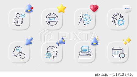 Typewriter, Coronavirus and Calendar line icons. Buttons with 3d bell, chat speech, cursor. Pack of Fake news, Select user, Customer survey icon. Augmented reality, Cogwheel dividers pictogram. Vector Typewriter, Coronavirus and Calendar line icons. Buttons with 3d bell, chat speech, cursor. Pack of Fake news, Select user, Customer survey icon. Augmented reality, Cogwheel dividers pictogram. Vector 117128416