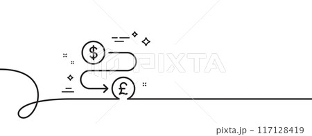 Money transfer line icon. Continuous one line with curl. Cash exchange sign. Dollar to Pound change symbol. Money transfer single outline ribbon. Loop curve pattern. Vector Money transfer line icon. Continuous one line with curl. Cash exchange sign. Dollar to Pound change symbol. Money transfer single outline ribbon. Loop curve pattern. Vector 117128419