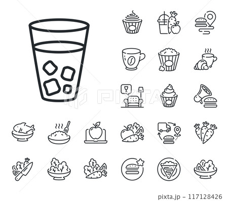 Soda drink sign. Crepe, sweet popcorn and salad outline icons. Ice tea line icon. Fresh cold beverage symbol. Ice tea line sign. Pasta spaghetti, fresh juice icon. Supply chain. Vector Soda drink sign. Crepe, sweet popcorn and salad outline icons. Ice tea line icon. Fresh cold beverage symbol. Ice tea line sign. Pasta spaghetti, fresh juice icon. Supply chain. Vector 117128426
