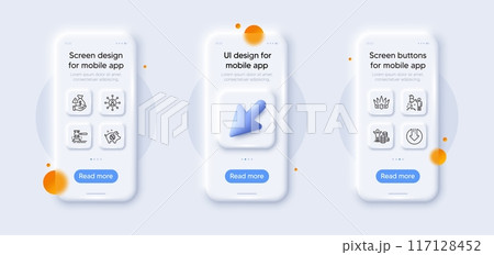 Budget profit, Download arrow and Piggy sale line icons pack. 3d phone mockups with cursor. Glass smartphone screen. Crown, Bitcoin project, Networking web icon. Vector 117128452