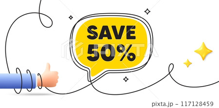 Save 50 percent off tag. Continuous line art banner. Sale Discount offer price sign. Special offer symbol. Discount speech bubble background. Wrapped 3d like icon. Vector 117128459