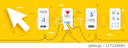 Earphones, Touchscreen gesture and Phone transfer line icons pack. Phone screen mockup with 3d alert bell, health and headshot. Fire energy, Printer, Delivery web icon. Vector 117128460