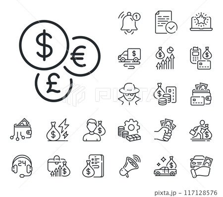 Cash exchange sign. Cash money, loan and mortgage outline icons. Money currency line icon. Stock trade symbol. Money currency line sign. Credit card, crypto wallet icon. Inflation, job salary. Vector 117128576