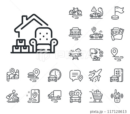 Home moving sign. Plane, supply chain and place location outline icons. Packing things line icon. Delivery service symbol. Packing things line sign. Taxi transport, rent a bike icon. Vector Home moving sign. Plane, supply chain and place location outline icons. Packing things line icon. Delivery service symbol. Packing things line sign. Taxi transport, rent a bike icon. Vector 117128613