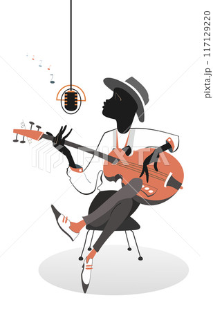 African singing guitar player. African musician playing guitar and singing. Isolated on white background	 117129220