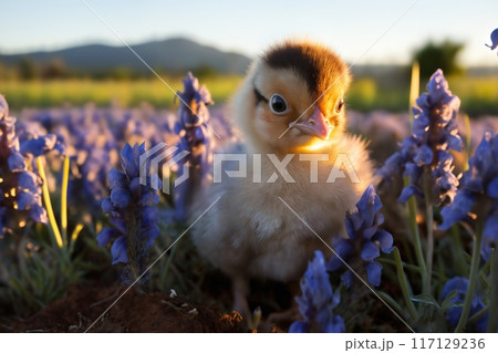 Portrait of small baby chicken on a green grass meadow with lavender flowers, bright sunny day, on a ranch in the village, rural surroundings on the background of spring nature 117129236