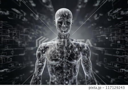 a robot with human body made of disintegrating squares and cubes, standing in front of a digital background with abstract particles in space, cybernetics, computer rendering 117129243