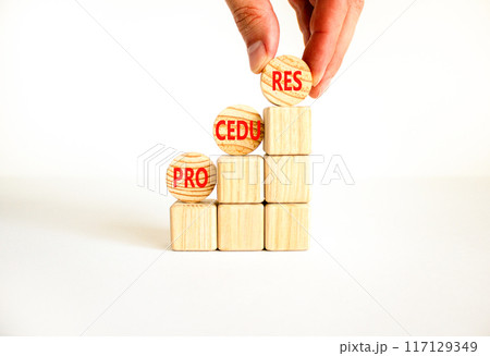Procedures symbol. Concept word Procedures on beautiful wooden circles. Businessman hand. Beautiful white background. Business procedures concept. Copy space. 117129349