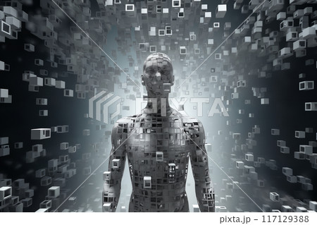 a human figure made of squares and cubes, standing in front of a digital background with abstract particles in space, cybernetics, computer rendering 117129388