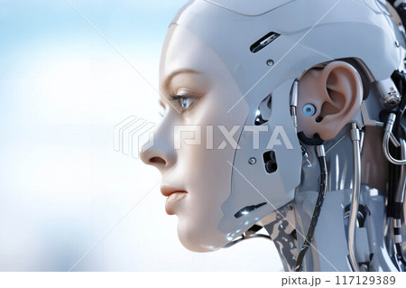 gynoid, humanoid robot android hybrid with a female face, with a plastic helmet and biomechanical elements around the head, abstract light sky background, cyber future, robotics concept 117129389