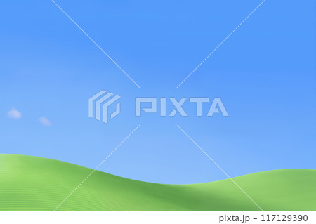 A beautiful summer landscape as a background, with green grass on the hills and green fields. The blue sky is filled with white clouds and bright sunlight, beautiful nature 117129390