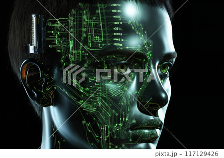 portrait of a woman with holography pattern on her face and lights on a dark background, cybernetics, science fiction concept and cyber art 117129426