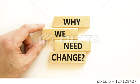 Why we need change symbol. Concept words Why we need change on beautiful wooden block. Beautiful white table white background. Voter hand. Business and why we need change concept. Copy space. 117129427