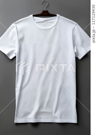 a simple clean white T-shirt as an object on a gray background, as a template for labels and design 117129430