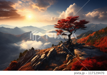 a beautiful landscape with tree and mountains at sunset, sunlight in a dramatic sky with clouds, beautiful nature 117129470