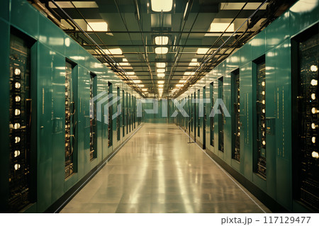 retro analog data center, devices for industry and scientific research and measurements, in the interior of a factory laboratory, the concept of retro futurism lamp electronics 117129477