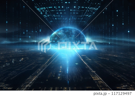 digital world, hologram and glow around the surface of planet Earth in space, futuristic computer technology, the concept of globalization and artificial intelligence 117129497