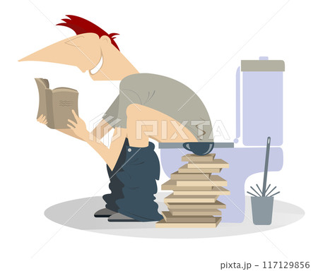 Man in toilet reading a book. Using toilet. A young man using a toilet and reading a book and drinking coffee or tea Man in toilet reading a book. Using toilet. A young man using a toilet and reading a book and drinking coffee or tea 117129856