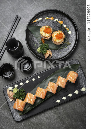Mixed sushi omakase set on grey background 117129908