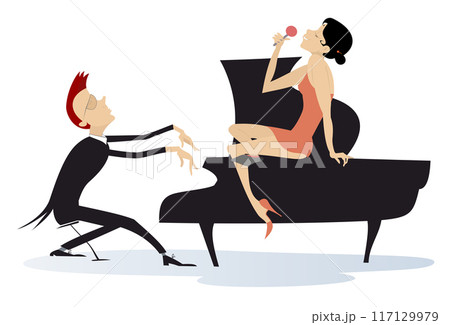Couple musicians. Singer woman and pianist man. Duet of musicians. Singer woman sitting on the piano and pianist man 117129979