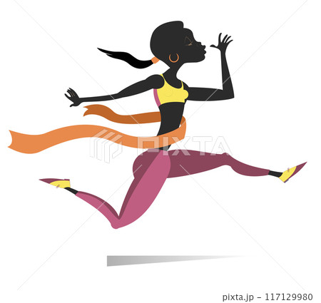 Running African woman, winner ribbon. Running young African sportswoman with a winner ribbon crossing a finish. Isolated on white background 117129980