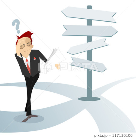 Businessman staying on the crossroads near a pointer sign. A businessman at a crossroads thinking what a decision to make 117130100