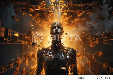 woman portrait with 3D particles and golden background as symbol of augmented reality and technologies of future, close-up portrait, concept of cybernetics, biomechanics and robotics 117130394