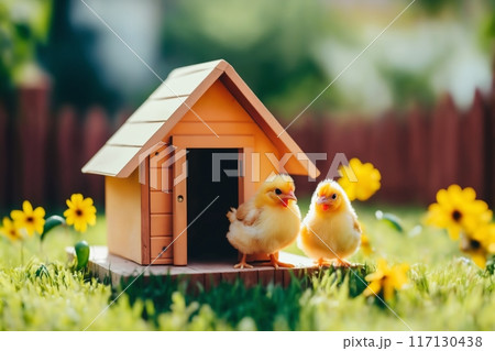 Small chickens against the background of spring nature on Easter, in a bright sunny day at a ranch in a village. 117130438