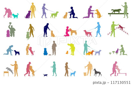 People pet owner walking dog silhouette vector illustration set People pet owner walking dog silhouette vector illustration set 117130551