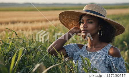 Happy african american woman farmer on farm plantation. 117130615