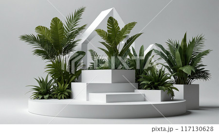 White geometric podium with tropical plants and white background. White geometric podium with tropical plants and white background. 117130628