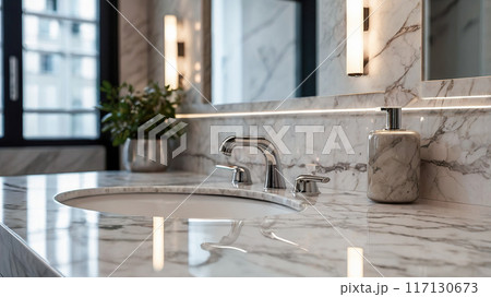 Modern bathroom with marble countertop and natural light, emphasizing simplicity and elegance. Modern bathroom with marble countertop and natural light, emphasizing simplicity and elegance. 117130673