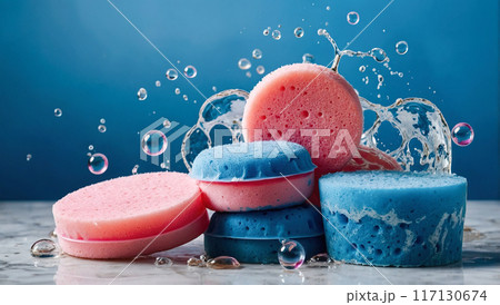 A collection of pink and blue rectangular sponges with floating soap bubbles on a blue backdrop, highlighting freshness and cleanliness. 117130674