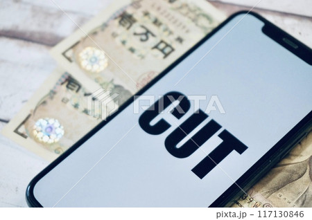 CUTと表示されたスマホと一万円札  117130846