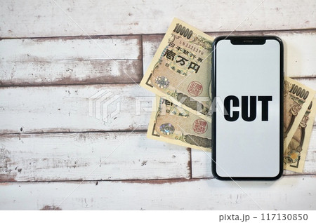 CUTと表示されたスマホと一万円札  117130850