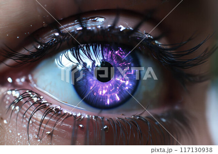 close view of woman's eye with purple decorative art makeup on her face 117130938