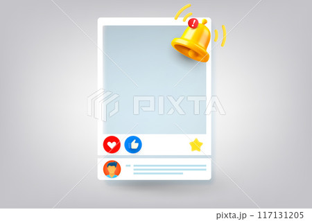 Social media page with notification bell. 3d vector illustration Social media page with notification bell. 3d vector illustration 117131205