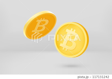 Golden bitcoins coins on grey background. 3d vector illustration 117131242