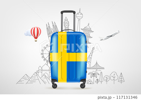 Plastic travel bag with swedish flag and famous world sights. 3d vector concept Plastic travel bag with swedish flag and famous world sights. 3d vector concept 117131346