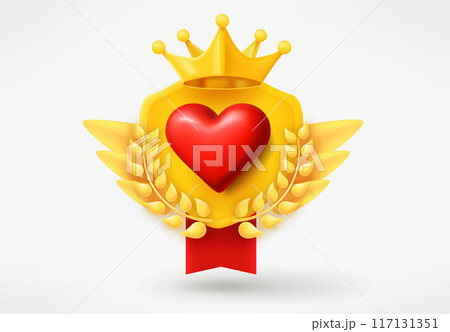 Golden emblem with red heart and wreath. Game achievement 3d badge isolated on white background Golden emblem with red heart and wreath. Game achievement 3d badge isolated on white background 117131351